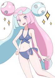 Rule 34 | 1girl, absurdres, alternate costume, araki megami, bikini, fake hair bun, highres, iono (pokemon), multicolored hair, pokemon, pokemon sv, sharp teeth, simple background, solo, split-color hair, swimsuit, teeth, two-tone hair, white background