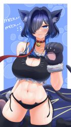 1girl :t abs absurdres alternate_costume animal_collar animal_ear_fluff animal_ears animal_hands aquaticlettuce asymmetrical_bangs bare_shoulders bell belt_collar black_hair black_thighhighs blue_eyes blue_hair bra breasts cat_cutout cat_ear_panties cat_ears cat_girl cat_lingerie cleavage_cutout clothing_cutout collar colored_inner_hair commentary crop_top fang fang_out frilled_bra frills gloves hair_intakes hair_over_one_eye heart heart-shaped_pupils highres hololive hololive_english jingle_bell kemonomimi_mode kneeling large_breasts lingerie looking_at_viewer meme_attire multicolored_hair neck_bell official_alternate_hair_length official_alternate_hairstyle ouro_kronii panties paw_gloves red_collar short_hair side-tie_panties solo symbol-shaped_pupils thighhighs toned toned_female two-tone_hair underwear virtual_youtuber wolf_cut