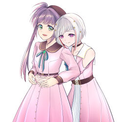 2girls :d absurdres aegis_zan bare_shoulders beret black_choker bob_cut brown_hat choker closed_mouth clothing_cutout collarbone colored_inner_hair commentary cowboy_shot diagonal_bangs dream_believers dress green_eyes hair_ornament hands_on_another&#039;s_stomach hat highres hug hug_from_behind inverted_bob link!_like!_love_live! long_hair long_sleeves love_live! multicolored_hair multiple_girls official_alternate_costume open_mouth otomune_kozue pink_dress pink_eyes purple_hair red_hair short_hair shoulder_cutout side_ponytail sidelocks simple_background smile split_mouth star_(symbol) star_hair_ornament streaked_hair virtual_youtuber white_background white_hair yugiri_tsuzuri