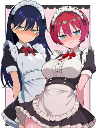2girls amate_yuzuriha apron arms_behind_back black_dress black_hair blush bow bowtie breasts commentary_request dress frilled_apron frilled_dress frills green_eyes gundam gundam_gquuuuuux highres large_breasts long_hair looking_at_viewer maid maid_apron maid_headdress multiple_girls nyaan_(gundam_gquuuuuux) odorukaminoke red_bow red_bowtie red_hair short_sleeves small_breasts waist_apron white_apron yellow_eyes