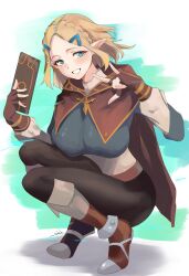 Rule 34 | 1girl, absurdres, black gloves, black pants, blonde hair, blue shirt, blush, boots, breasts, brown cloak, cloak, crown, fingerless gloves, gloves, green eyes, grin, hair ornament, hairclip, highres, knee boots, large breasts, long sleeves, looking at viewer, nintendo, pants, parted bangs, princess zelda, s4ika, shirt, short hair, sidelocks, smile, solo, squatting, the legend of zelda, the legend of zelda: tears of the kingdom
