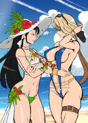 ass bare_shoulders beach bikini blonde_hair blue_eyes bracelet breasts cleavage eyewear_on_head flower goeniko hat hat_flower hat_ornament highres jewelry kagura_chizuru large_breasts long_hair looking_at_another mergeritter ponytail pretty_goenitz red_flower rose signature slingshot_swimsuit smile snk sparkle standing sun_hat swimsuit the_king_of_fighters the_king_of_fighters_all-stars watermark