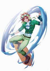1boy absurdres ascot belt boots brown_boots brown_hair daziran_de_duqiyan fingerless_gloves full_body gloves goggles goggles_on_head green_jacket green_pants grin highres jacket looking_at_viewer male_focus muscular muscular_male pants shugo_chara! smile solo souma_kuukai surfing white_ascot white_background