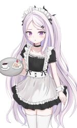 1girl ahoge alternate_costume apron black_choker black_dress blue_archive blush cake cake_slice choker coffee_mug commentary cup dress food grey_hair hair_ornament hairpin highres hina_(blue_archive) long_hair maid maid_apron maid_headdress mug open_mouth purple_eyes solo tamamorh thighhighs very_long_hair white_apron white_headdress white_thighhighs