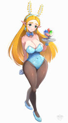 1girl absurdres alternate_costume blonde_hair blue_bow blue_bowtie blue_leotard blush bow bowtie braid breasts brown_pantyhose chalice cleavage collarbone crown_braid cup detached_collar earrings embarrassed fake_tail gem gloves gonzarez green_eyes hairband highres holding jewelry large_breasts leotard long_hair looking_down nintendo pantyhose playboy_bunny pointy_ears princess_zelda rabbit_tail rupee_(zelda) simple_background snowflake_earrings solo sparkle tail the_legend_of_zelda the_legend_of_zelda:_breath_of_the_wild tray waitress white_background white_gloves wide_hips wrist_cuffs
