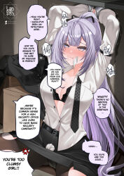 1girl :t anger_vein artist_logo belt black_belt black_bra black_necktie black_skirt blush bra breasts closed_mouth collarbone collared_shirt cuffs english_text gag grey_eyes grey_hair handcuffs highres hololive hololive_indonesia improvised_gag landacdeus logo long_hair necktie pantyhose partially_unbuttoned patreon_username restrained saliva saliva_trail shirt skirt solo speech_bubble tape tearing_up torn_clothes torn_pantyhose trembling twitter_username underwear undone_necktie vestia_zeta virtual_youtuber white_shirt