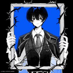 1boy bags_under_eyes black_border black_eyes black_hair black_necktie black_vest border brambles collared_shirt commentary double-parted_bangs hair_between_eyes highres holding holding_picture_frame jacket jacket_on_shoulders lcb_uniform_(project_moon) limbus_company limited_palette looking_at_viewer male_focus moqilengquan necktie ornate_border outside_border picture_frame portrait_(object) project_moon shirt short_hair solo thorns upper_body vest white_shirt yi_sang_(project_moon)