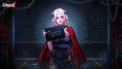 1girl against_wall arm_under_breasts black_dress black_gloves black_nails blonde_hair blue_eyes breasts chain character_name closed_mouth copyright_name dress eirene_(path_to_nowhere) elbow_gloves garter_straps gloves hair_ornament hand_up headpiece heterochromia highres holding holding_sign indoors jacket jacket_on_shoulders large_breasts logo long_hair looking_at_viewer mugshot official_art official_wallpaper path_to_nowhere prison_cell prison_clothes red_eyes red_jacket red_lips side_slit sign single_bare_arm single_glove sleeveless sleeveless_dress solo striped_clothes striped_gloves upper_body vertical-striped_clothes vertical-striped_gloves very_long_hair