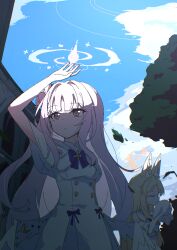 2girls angel_wings animal_ears blonde_hair blue_archive blue_sky capelet closed_eyes closed_mouth covering_own_eyes cross_halo day detached_sleeves dress fox_ears fox_girl hair_bun halo hand_to_own_mouth highres kiroshi long_hair long_sleeves low_wings mika_(blue_archive) multiple_girls pink_hair seia_(blue_archive) single_side_bun sky sleeveless sleeveless_dress sleeves_past_fingers sleeves_past_wrists white_capelet white_dress white_wings wing_ornament wings yellow_eyes yellow_halo