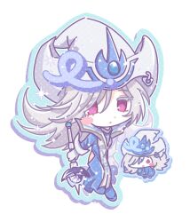 Rule 34 | 1girl, chibi, dduel, duel monster, gloves, grey hair, hat, highres, hip vent, holding, holding wand, long hair, purple eyes, silent magician, tabard, wand, white gloves, white hat, white tabard, wizard hat, yu-gi-oh!