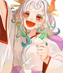 Rule 34 | 1girl, arm up, bandaid, bandaid on face, blue hair, commentary request, earrings, highres, holding, holding paper, horns, japanese clothes, jewelry, kimono, looking at viewer, making-of available, one piece, open mouth, orange eyes, paper, rope, shimenawa, sidelocks, simple background, solo, teeth, u mi031, upper body, upper teeth only, white background, white hair, white kimono, yamato (one piece)