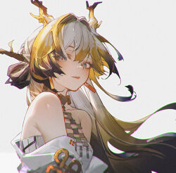 Rule 34 | 1girl, arknights, bare shoulders, commentary, grey background, grey eyes, grey hair, hair intakes, horns, jewelry, long hair, necklace, off shoulder, openvl, shu (arknights), simple background, solo, strapless, tube top, upper body, very long hair
