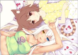 Rule 34 | 10s, 2girls, age difference, alternate hairstyle, animal ear fluff, animal ears, arm up, armpits, azuki (nekopara), bare shoulders, blue eyes, breasts, brown eyes, brown hair, cat ears, cat girl, cat tail, coconut (nekopara), collarbone, flat color, from above, hair down, hand on forehead, hand on own stomach, heterochromia, large breasts, long hair, lying, midriff, multiple girls, navel, nekopara, official art, onee-loli, pajamas, paw print, paw print pattern, petals, polka dot, polka dot pajamas, red petals, rose petals, sayori (neko works), short hair, slit pupils, smile, spaghetti strap, striped tail, tail, tank top, unfinished, white hair, yellow eyes, yellow pajamas