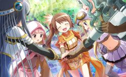 5girls ^_^ armor artist_request belt belt_buckle black_gloves black_shirt black_shorts blonde_hair blue_dress blue_gemstone blue_hair blunt_bangs bodystocking bow breastplate brown_bridal_gauntlets brown_gloves brown_hair brown_ribbon buckle chain chest_belt clenched_hand cloak closed_eyes covered_navel cowboy_shot crop_top cropped_shirt detached_hood determined dot_nose dress earrings ferris_wheel flower frilled_skirt frills from_behind furrowed_brow futaba_sana game_cg gem gem_hair_ornament gloves goggles goggles_on_head gold_buckle green_hair green_sweater grey_thighhighs hair_flower hair_ornament hair_through_headwear happy highres hood hood_up hooded_cloak jewelry knee_up light_blush long_hair long_sleeves looking_at_hand loose_thighhigh low_ponytail low_twintails magia_record:_mahou_shoujo_madoka_magica_gaiden magical_girl mahou_shoujo_madoka_magica mahou_shoujo_madoka_magica_magia_exedra midriff miniskirt mitsuki_felicia multiple_girls nanami_yachiyo official_art orange_bow orange_flower orange_shirt orange_skirt pauldrons pink_belt pink_hair pink_skirt pleated_skirt pleated_sleeves pointy_nose ponytail purple_gemstone purple_hood purple_ribbon purple_scarf purple_shirt purple_skirt red_gemstone ribbon roller_coaster round_eyewear scarf shirt short_sleeves shorts shorts_under_skirt shoulder_armor side_ponytail sidelocks skirt skirt_set sleeveless sleeveless_dress sleeveless_shirt standing string studded_belt sweatdrop sweater swept_bangs tamaki_iroha thighhighs turtleneck turtleneck_shirt turtleneck_sweater twintails two-tone_shirt veil very_long_hair vest waist_bow wavy_hair white_cloak white_veil white_vest witch&#039;s_labyrinth yellow-framed_eyewear yui_tsuruno