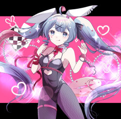 1girl ahoge animal_ears aqua_eyes aqua_hair black_leotard blush breasts card cleavage closed_mouth collarbone commentary cuffs detached_collar diamond_(gemstone) donut fake_animal_ears fishnet_pantyhose fishnets food hair_ornament handcuffs hatsune_miku highres leotard long_hair medium_breasts official_alternate_costume official_alternate_hairstyle pantyhose pink_ribbon playboy_bunny rabbit_hole_(vocaloid) ribbon siquartz22 smile solo thigh_strap tongue tongue_out twintails very_long_hair vocaloid x_hair_ornament
