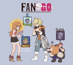 1girl 2boys bare_shoulders black_coat black_skirt blonde_hair brother_and_sister brown_footwear cellphone coat crossover denim face_mask final_fantasy grin hand_on_own_head holding holding_phone hood hoodie jeans kanade_rindo lann_(world_of_final_fantasy) long_hair mask mouth_mask multiple_boys orange_hair orange_hoodie pants phone purple_eyes red_shirt reynn_(world_of_final_fantasy) shin_subarashiki_kono_sekai shirt siblings skirt smartphone smile spoken_squiggle squatting squiggle subarashiki_kono_sekai tonberry torn_clothes torn_jeans torn_legwear torn_pants white_footwear world_of_final_fantasy