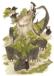 3girls animal bad_id bad_pixiv_id ccru dragon dress egg fantasy hat highres long_hair multiple_girls nest original rainbow revision short_hair tree tree_stump witch_hat