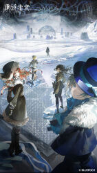 1boy 1other 3girls absurdres black_boots black_capelet black_coat black_gloves black_hair black_hat black_pants blue_bow blue_scarf boater_hat boots bow brown_jacket capelet coat copyright_name copyright_notice ferrofluid fishbowl_helmet from_side fur-trimmed_capelet fur-trimmed_coat fur_trim glass_pen gloves grey_eyes grey_hair hair_over_one_eye hat hat_bow highres holding holding_own_arm holding_pen jacket jumpsuit logo long_hair looking_at_viewer moldir_(reverse:1999) mountain multiple_girls object_head official_art official_wallpaper one_eye_covered orange_hair pants pen profile reverse:1999 scarf snow sonetto_(reverse:1999) thigh_boots ulrich_(reverse:1999) ushanka vertin_(reverse:1999) white_jumpsuit