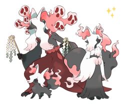 alternate_color alternate_design alternate_shiny_pokemon animal_ear_fluff animal_hands black_fur braixen delphox evolutionary_line fennekin full_body gen_6_pokemon hair_over_eyes hands_up highres holding holding_stick nintendo no_humans own_hands_together pink_fur pokemon pokemon_(creature) red_fur shide simple_background standing stick white_background white_fur wulie_errr