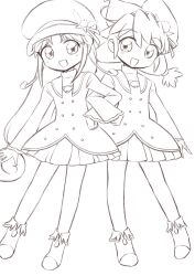 Rule 34 | 2girls, absurdres, bare legs, boots, bow, curly hair, dress, fine (futagohime), full body, fushigiboshi no futago hime, hair between eyes, hand on own hip, happy, hat, hat bow, highres, iyoiyobenben, lineart, locked arms, long hair, long sleeves, looking at viewer, low-tied long hair, low twintails, miniskirt, monochrome, multiple girls, newsboy cap, official style, open mouth, parted bangs, pleated skirt, pom pom hat ornament, rein (futagohime), short dress, short twintails, siblings, simple background, sisters, skirt, skirt under dress, smile, standing, tareme, twins, twintails, very long hair, white background, wide sleeves