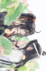 2boys ahoge artist_name bishounen black_eyes black_hair black_hanfu blush bud chinese_clothes closed_mouth eyelashes flower hair_ribbon hanfu headband heart high_ponytail highres holding_another&#039;s_hair lan_wangji leaf licking_lips light_particles long_hair looking_at_another lotus lotus_leaf lying male_focus modao_zushi multiple_boys ojisan_rbt open_mouth outdoors playing_with_another&#039;s_hair ponytail red_ribbon ribbon sidelocks sideways smile tongue tongue_out topknot twitter_username upper_body watermark wei_wuxian wet wet_face wet_hair white_background white_hanfu white_headband xiao_guan_(headdress) yaoi