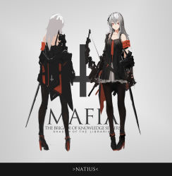 Rule 34 | 1girl, absurdres, armband, arrow (projectile), bad id, bad pixiv id, black dress, black footwear, black gloves, black pantyhose, bow (weapon), character name, commentary request, dress, full body, gloves, grey hair, hair ribbon, high heels, highres, holding, holding bow (weapon), holding weapon, logo, long hair, natius (pixiv fantasia), pantyhose, photoshop (medium), pixiv fantasia, pixiv fantasia t, red armband, red eyes, renatus.z, ribbon, side ponytail, standing, weapon