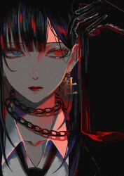 absurdres asymmetrical_eyes black_background black_gloves black_hair blue_eyes chain chain_necklace eyeliner gloves highres jewelry kanji_earrings long_hair makeup necklace necktie original red_eyes red_lips syakemayusan