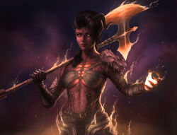 1girl arm_tattoo axe baldur&#039;s_gate baldur&#039;s_gate_3 breasts broken_horn brown_hair captdiablo chest_tattoo colored_skin commentary curled_horns dungeons_&amp;_dragons dungeons_&amp;_dragons english_commentary fire gauntlets glowing glowing_chest glowing_eyes highres hip_tattoo holding holding_axe horns karlach medium_breasts o-ring o-ring_top pointy_ears red_skin single_shoulder_pad solo tattoo tiefling underboob upper_body yellow_eyes