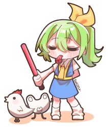1girl =_= arm_behind_back bird blowing_whistle blue_skirt blue_vest boots bow chicken closed_eyes collared_shirt commentary cookie_(touhou) daiyousei diyusi_(cookie) full_body green_hair hair_bow hide_(acceed) high-visibility_clothing high-visibility_vest high_ponytail highres manatsu_no_yo_no_inmu medium_hair ponytail qrteg87yhl16571 shirt simple_background skirt skirt_set solo standing symbol-only_commentary the_chicken_that_appears_in_the_middle_of_cookie touhou traffic_baton vest white_background white_boots white_shirt yellow_bow