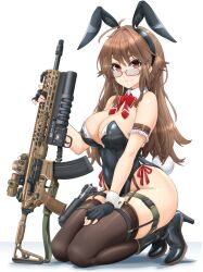 1girl absurdres animal_ear_hairband animal_ears ankle_boots arm_strap belt black_boots black_gloves black_leotard black_thighhighs boots bow bowtie breasts brown_hair buckle cleavage closed_mouth commentary_request fake_animal_ears fake_tail fingerless_gloves glasses gloves grenade_launcher gun hairband hand_on_own_thigh handgun high_heel_boots high_heels highleg highleg_leotard highres holster kneeling large_breasts leotard long_hair looking_at_viewer mikeran_(mikelan) optical_sight original playboy_bunny rabbit_ear_hairband rabbit_ears rabbit_tail red-framed_eyewear red_bow red_bowtie red_eyes rifle semi-rimless_eyewear shoulder_holster side-tie_leotard sig_mcx sig_p220/p226 simple_background smile snap-fit_buckle solo strapless strapless_leotard tactical_playboy_bunny tail thigh_belt thigh_holster thigh_strap thighhighs under-rim_eyewear underbarrel_grenade_launcher weapon white_background white_wrist_cuffs wrist_cuffs