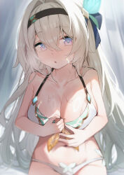 1girl absurdres bare_arms bare_shoulders bikini black_hairband blurry breasts cleavage collarbone firefly_(honkai:_star_rail) front-tie_bikini_top front-tie_top green_bikini grey_hair hair_between_eyes hair_ornament hairband highres honkai:_star_rail honkai_(series) large_breasts long_hair navel pink_eyes sitting solo stomach sweat swimsuit very_long_hair wendao