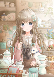 1girl apple blue_flower blush bow braid brown_hair cat closed_mouth coffee commentary_request cup cutting_board dot_nose flower food fruit green_bow green_ribbon hair_bow hair_ribbon highres hoshiibara_mato jar long_hair looking_at_viewer original pie pink_shirt pitcher_(container) plate purple_eyes ribbon shelf shirt smile solo vase