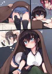 1boy 1girl blue_eyes blush breasts bulge erection erection_under_clothes hetero highres large_breasts mole null_(nyanpyoun) original panties skirt thighhighs underwear