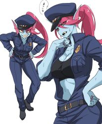 1girl black_sports_bra blue_skin breasts chief_undyne cleavage colored_skin deltarune fangs fins head_fins highres leaning_forward monster_girl nasu_(ilo_a5) open_clothes open_shirt pink_hair pink_nails police police_uniform policewoman ponytail sharp_teeth smile solo sports_bra sweat teeth undyne