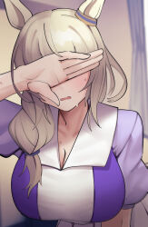 1girl absurdres animal_ears blush braid breasts character_request cleavage cotan_(actancyaga) covering_own_eyes highres horse_ears horse_girl large_breasts purple_shirt shirt sweat umamusume upper_body
