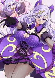2girls black_gloves black_pantyhose blush breasts cleavage closed_mouth collarbone corset dress duel_monster fortissimo frilled_dress frills gloves hair_between_eyes hair_ornament highres holding holding_instrument holding_saxophone instrument kamo_(riverside_kamo) large_breasts looking_at_another looking_at_viewer multiple_girls musical_note musical_note_hair_ornament pantyhose purple_corset purple_dress purple_eyes purple_hair reaching reaching_towards_viewer saxophone smile solsolfachord_gracia yu-gi-oh!