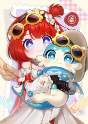 1girl absurdres angel_wings animal artist_name black_gloves black_hairband blue_eyes bubbles_(honkai:_star_rail) chimera_(honkai:_star_rail) commentary_request cross-shaped_pupils dress eyewear_on_head gloves hair_flaps hairband highres holding holding_animal honkai:_star_rail honkai_(series) red_hair rinna_(xxrinna) smile sunglasses symbol-shaped_pupils tribbie_(honkai:_star_rail) white_dress wings