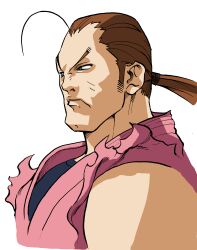 1boy bengus black_undershirt brown_hair dougi game_cg hibiki_dan highres male_focus muscular muscular_male non-web_source official_art ponytail portrait short_hair simple_background sleeveless solo street_fighter street_fighter_zero_(series) torn_clothes torn_sleeves undershirt upper_body v-shaped_eyebrows white_background
