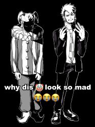 2boys absurdres ace_attorney ace_attorney_investigations ace_attorney_investigations_2:_prosecutor&#039;s_gambit anaizzzen black_background checkered_necktie clown clown_boy crying_emoji emoji english_text face_in_shadow formal_clothes full_body glaring greyscale grin highres injury jacket long_hair male_focus meme monochrome multiple_boys naitou_manosuke neck_ruff necktie open_clothes open_jacket sarushiro_souta shade short_hair short_twintails side-by-side smile spoilers standing suit twintails why_dis_ninja_look_so_mad_(meme)