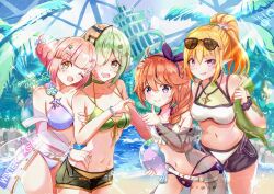 4girls ;d @_@ ahoge aoi_(princess_connect!) arm_between_breasts beach between_breasts bikini black_shorts blonde_hair blush breasts brown_hair chieru_(princess_connect!) chieru_(winter)_(princess_connect!) chloe_(princess_connect!) chloe_(winter)_(princess_connect!) chokomin cleavage commentary_request cowboy_shot drooling friendship_club_(princess_connect!) green_eyes green_hair hair_over_one_eye large_breasts long_hair medium_breasts micro_shorts mouth_drool multi-strapped_bikini_bottom multiple_girls navel official_alternate_costume one_eye_closed open_mouth pink_hair ponytail princess_connect! purple_bikini purple_eyes short_hair shorts small_breasts smile stomach swimsuit v-shaped_eyebrows white_bikini yuni_(princess_connect!) yuni_(winter)_(princess_connect!)