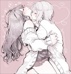 2girls amane_(7783) blush closed_eyes clothes_grab commentary_request earrings from_side hatching_(texture) heart highres ichinose_shiki idolmaster idolmaster_cinderella_girls jewelry kiss kissing_neck long_hair looking_up medium_hair miyamoto_frederica monochrome multiple_girls off_shoulder parted_lips pink_background sidelocks simple_background sweat translated yuri