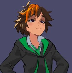 blush brown_hair collar green_necktie hands_on_own_hips harry_potter:_hogwarts_mystery harry_potter_(series) hogwarts_school_uniform looking_at_viewer merula_snyde mikkusushi multicolored_hair necktie non-web_source orange_hair purple_eyes robe school_uniform short_hair simple_background slytherin smile two-tone_hair upper_body white_collar wizarding_world