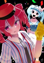 2girls absurdres alternate_costume apron arms_behind_back back_bow black_background black_choker black_eyes black_necktie blue_hair bow choker collarbone collared_dress collared_shirt commentary_request confetti diagonal-striped_bow dress gloves hair_between_eyes hand_up hat hatsune_miku highres kasane_teto looking_at_viewer making-of_available mesmerizer_(vocaloid) multiple_girls necktie pants pinstripe_dress pinstripe_pattern polyhedron2 red_bow red_eyes red_hat red_pants red_shoes sailor_collar shirt shoes solid_circle_eyes standing striped_bow striped_clothes striped_shirt suspenders teeth tongue tongue_out twintails upper_body upper_teeth_only utau vocaloid waist_apron white_apron white_bow white_sailor_collar wing_collar worried yellow_gloves