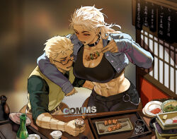 1boy 1girl abs absurdres blue_eyes breasts commentary commission dorohedoro earrings english_commentary glasses highres holding holding_skewer jewelry large_breasts long_hair muscular muscular_female noi_(dorohedoro) park_ongjol red_eyes shin_(dorohedoro) short_hair skewer white_hair