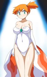 1girl absurdres artist_request bare_shoulders black_background blush body_blush breasts cleavage collarbone cosplay covered_navel creatures_(company) elbow_gloves fake_tail female_focus game_freak gen_1_pokemon gloves goldeen goldeen_(cosplay) green_eyes hair_ornament highres jewelry large_breasts leotard light lips misty_(pokemon) nintendo orange_hair pokemon pokemon_(anime) pokemon_(classic_anime) pokemon_ep043 ponytail rubber_band shiny_clothes shiny_skin short_hair short_ponytail side_ponytail solo spotlight su_retro_space tail thick_thighs thighs white_gloves white_leotard