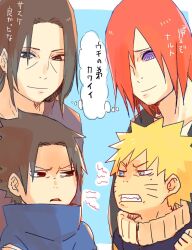 Rule 34 | 4boys, black eyes, black hair, blonde hair, blue eyes, brothers, closed mouth, highres, looking at viewer, male focus, meitarou, multiple boys, nagato (naruto), naruto (series), naruto shippuuden, red hair, rinnegan, short hair, siblings, smile, speech bubble, spiked hair, thought bubble, translation request, uchiha itachi, uchiha sasuke, uzumaki naruto