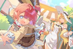 2girls ;o aglaea_(honkai:_star_rail) angel_wings blonde_hair blue_eyes blue_sky breasts brown_dress burger character_charm charm_(object) chyucat commentary_request dress food green_eyes hat holding holding_burger holding_food honkai:_star_rail honkai_(series) korean_commentary multiple_girls official_alternate_costume one_eye_closed outdoors pointy_ears red_hair scarf short_hair sky smile sun_hat trianne_(honkai:_star_rail) tribbie_(honkai:_star_rail) trinnon_(honkai:_star_rail) white_dress wings yellow_scarf