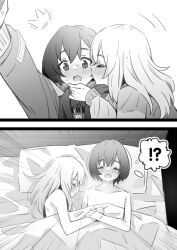 !? 2girls aftersex arm_up blush commentary_request greyscale highres holding_hands jacket kiss kissing_cheek kouzuki_mahiru long_hair long_sleeves lwmina70119 monochrome multiple_girls nude on_bed open_mouth pillow short_hair smile speech_bubble sweatdrop thought_bubble under_covers yamanouchi_kano yoru_no_kurage_wa_oyogenai yuri