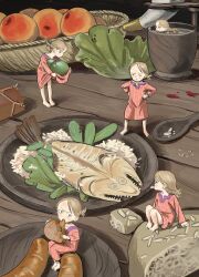 5girls ann_(pokoro) barefoot blonde_hair blue_eyes cup dress food fruit highres lettuce mini_person minigirl multiple_girls olive original pink_dress plate pokoro print_dress rice sausage spoon wooden_floor