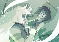 2girls air_bubble angry biceps bubble chain clenched_teeth colored_skin commentary crop_top daycolors elemental_wings english_commentary fighting gem grabbing_another&#039;s_arm green_theme jasper_(steven_universe) lapis_lazuli_(steven_universe) liquid_wings long_hair looking_at_another monochrome multicolored_skin multiple_girls muscular muscular_female open_hand profile pushing_away pushing_face scowl short_hair skirt steven_universe submerged tank_top teeth two-tone_shirt two-tone_skin underwater v-shaped_eyebrows